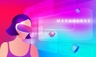 kvinna som bär virtuell verklighet glasögonglas, med 3D-upplevelse i virtuell verklighet vektorillustration. metaverse och blockchain 3d-upplevelseteknikkoncept vektor