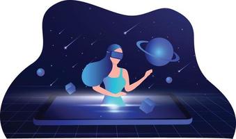 Metaverse Digital Virtual Reality und Augmented Reality-Technologie, Frau mit Virtual-Reality-Headset-Brille, die mit dem virtuellen Raum und der Vektorgrafik des Universums verbunden ist vektor