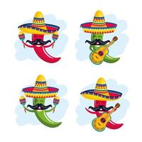 Set Chilischoten mit Hut mit Maracas und Gitarre vektor