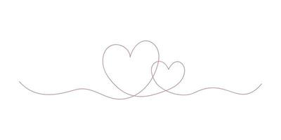 zwei abstrakte Silhouettenherzen in rosa Farbe, die von einer Linie gezeichnet werden. romantische Skizze. kontinuierliche Linienzeichnung Liebessymbol. dekorationselement für valentinstag, hochzeit, einladungskarte. Vektor-Illustration. vektor