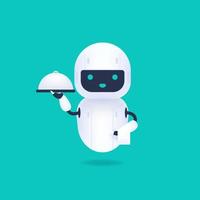 Vit vänlig androidrobot som rymmer ett serveringsbricka
