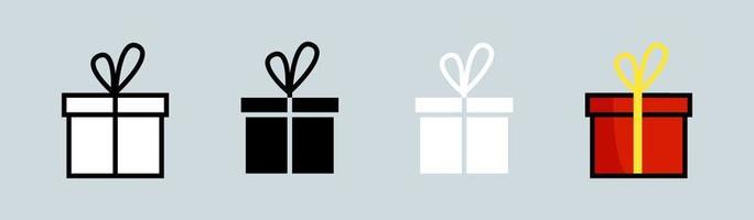 Geschenkbox-Icon-Set. Eingewickelte Geschenkbox mit Bandikone in der unterschiedlichen Artvektorillustration.