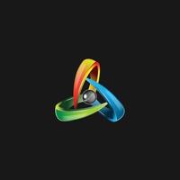 Ein futuristisches 3D-Logobild für ein Technologieunternehmen auf schwarzem Hintergrund, das drei Swoosh darstellt, die eine Kugel umkreisen