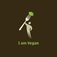 ein Logobild einer abstrakten Person, die eine große Gabel mit einem grünen Blatt darauf hält, für vegane oder organische oder gesunde Stilikonen vektor