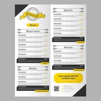 Redigerbar svart och gul restaurangmat-menymall med banner