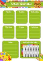 skolschema med multiplikationstabell. för utbildning av barn. isolerad på en vit bakgrund. med en söt seriefigur. vektor