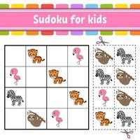 Sudoku für Kinder. arbeitsblatt zur bildungsentwicklung. Aktivitätsseite mit Bildern. Puzzlespiel für Kinder. logisches denken trainieren. isolierte vektorillustration. tierisches Thema. Cartoon-Stil. vektor