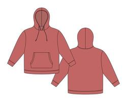 Hoodie-Vorlage. Bekleidung Hoody technische Skizze Mockup. rote Farbe. Sweatshirt mit Kapuze, Taschen. vektor