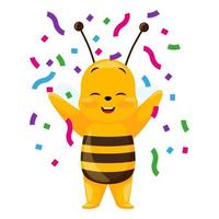 süße Biene auf Party isoliert auf weißem Hintergrund. lächelnde zeichentrickfigur glücklich in konfetti. vektor