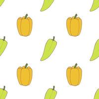 paprika gula och gröna sömlösa mönster för tapetdesign. färsk mat i mogen färg. ekologisk hälsosam vegansk, vegetarisk mat. tecknade mönster på vit bakgrund. vektor doodle design.
