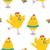söta gula kycklingar i olika poser seamless mönster, fåglar och blommor, fjärilar. vektor illustration.