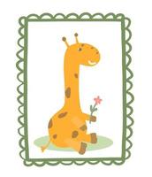 söt handritad giraff. gul tecknad giraff. illustration för barnbok, affisch, vykort vektor