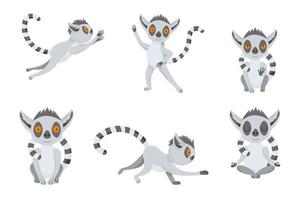 set lustiger grauer Lemur - Tanz, Meditation, Levitation, Sprung, Ruhe. die flauschig gestreiften Schwanzkurven. süßes Tierbaby im Cartoon-Stil. vektorillustration, lokalisierte farbelemente auf einem weißen hintergrund vektor