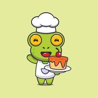 söt groda kock maskot seriefigur med tårta vektor
