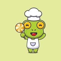söt groda kock maskot seriefigur håller godis vektor