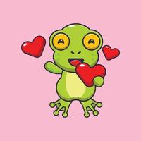 niedliche froschkarikaturfigur, die liebesherz am valentinstag hält vektor