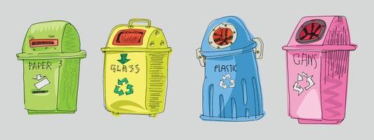 Müll in Mülltonnen mit sortierten Müllvektorsymbolen. Recycling-Mülltrennungssammlung und recycelter isolierter Vektor eps 10