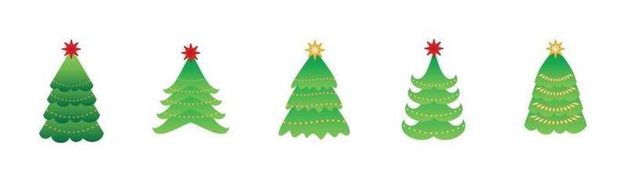 Vektor-Set von Cartoon-Weihnachtsbäumen, Kiefern für Grußkarten, Einladungen, Banner, Web. neujahrs- und weihnachtstraditioneller symbolbaum mit girlanden, glühbirne, stern. Winterferien.