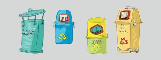 Müll in Mülltonnen mit sortierten Müllvektorsymbolen. Recycling-Mülltrennungssammlung und recycelter isolierter Vektor