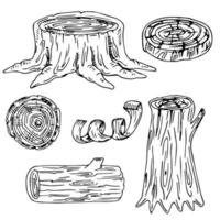 ved, brinnande material. samling av vektor skiss illustration. material för träbearbetningsindustrin. stubbe, gren, trä. trävirke