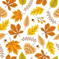 Herbst Musterdesign mit bunten Eicheln, Blättern und Beeren auf weißem Hintergrund. modernes saisonales Muster. Vektor flaches Design