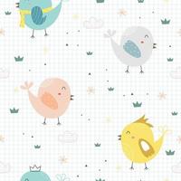 söta sömlösa mönster för barn tecknad bakgrund med ljusa färgade fåglar och små gräsklumpar designidéer som används för utskrift, presentpapper, barnkläder, textil, vektorillustration vektor