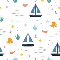 niedliches nahtloses muster für kinder unterseekreaturen hintergrund ihre fische, tintenfische, stifte, nest und mit segelboot-designkonzept für publikationen, geschenkverpackungen, muster, kleidung, vektorillustration vektor