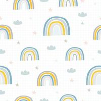 niedliches nahtloses muster für kinder, kinderregenbogenhintergrund, wolken und sterne und mit einem quadratischen raster im skandinavischen stil designideen für textilien, tapeten, kleidung, kleidung, vektorillustration vektor