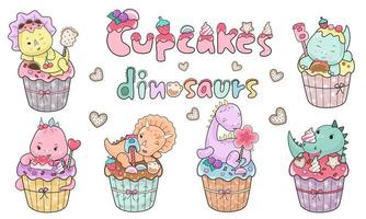 söta färgglada dinosaurie cupcakes. doodle stil vektor