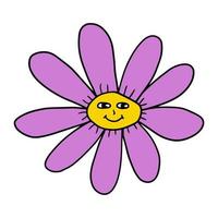 groovige Smiley-Hippie-Blume. positiver lächelnder Gänseblümchen-Blumendruck im Retro-Stil. vektor