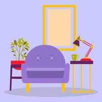die Zusammensetzung des Raumes. ein Sessel, ein Tisch mit einer Lampe und einer Blume. Das Bild ist in einem flachen Stil erstellt vektor