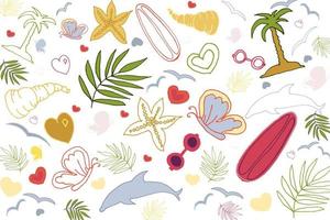 sommarbakgrund med delfiner, palmer, fjärilar, glasögon, hjärta, snäckskal, sjöstjärnor, kvistar. vektor doodle illustration