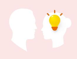 Männerkopfidee, männliche Logik, intergeschlechtliche Kommunikation und Verständnissymbol. männliche und weibliche Kopfsilhouetten mit Glühbirne im Kopf, Vektorlogo und Illustration. vektor
