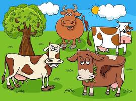 Cartoon-Kühe-Nutztier-Gruppe auf der Wiese vektor