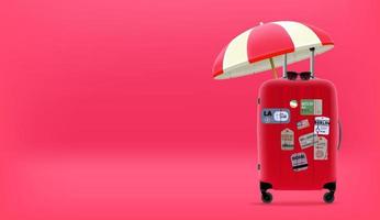 sommar resor koncept med röd åkpåse och paraply. 3D vektor banner med kopia utrymme
