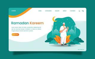 Landing Page - Ramadan Mubarak Ein Mann betet zu Gott mit grünem Hintergrund. vektor
