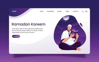 Landing Page - Ramadan-Illustration eines Mannes, der nachts den Koran liest, mit lila Hintergrund vektor