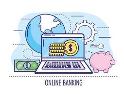 Laptop mit Münzen und Rechnung zum Online-Banking vektor