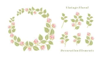 schöner Vintage-Blumenkranz und Blumenstrauß, Vektorgrafik-Anordnungssatz vektor