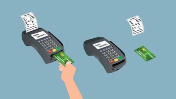 kreditkortsläsare med en hand vektor. platt illustration av en hand som håller kreditkort. platt kreditkortsläsare med ett kontantkvitto och mänsklig hand. onlinebank och betalningssystem vektor. vektor