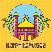 süße glückliche ramadan-illustration mit moschee und palme vektor