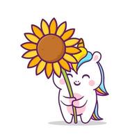 süßes einhorn mit großer sonnenblume vektor