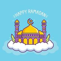 söt glad ramadan illustration med moskén i molnet vektor