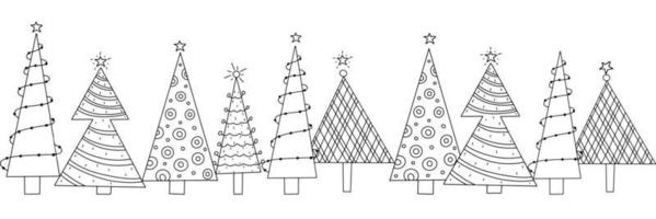 nahtloses horizontales silvestermuster von stilisierten geschmückten weihnachtsbäumen vektor