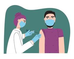 en läkare eller sjuksköterska ger patienten en injektion. en person som bär en medicinsk mask får det antivirala vaccinet med en spruta vektor
