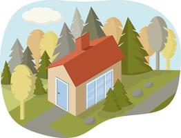 Vektor isometrisches Haussymbol. Illustration eines rustikalen Einfamilienhauses im Wald. viele Bäume herum. Landleben. umweltfreundlich und abseits der Zivilisation