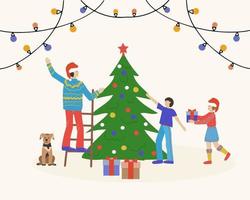 god jul gratulationskort. lycklig familj förbereder sig för semestern, dekorerar julgranen. vektorillustration för flygblad och häfte, vykort och banner för webbplats vektor