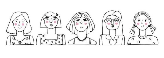 Vektor-Set von Porträts von Menschen. cartoon lustige minimalistische weibliche figuren unterschiedlichen alters. Zeichnungen von Frauengesichtern mit verschiedenen Emotionen und Stimmungen. Avatar für soziale Netzwerke vektor