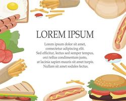 Webfast-Essen zum Mitnehmen. vektorrealistische elemente von hamburger, hotdog, sandwich, pommes, toast und ei. Hintergrund der Menü- oder Einladungsvorlage vektor