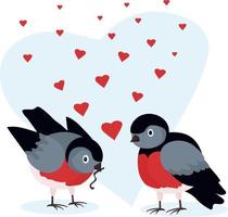 Valentinstag-Karte. zwei dompfaffen und viele rote herzen. Der Vogel brachte einen Leckerbissen in Form eines Wurms. das Konzept der Liebe, Fürsorge und Zärtlichkeit. Valentinstag als Geschenk vektor